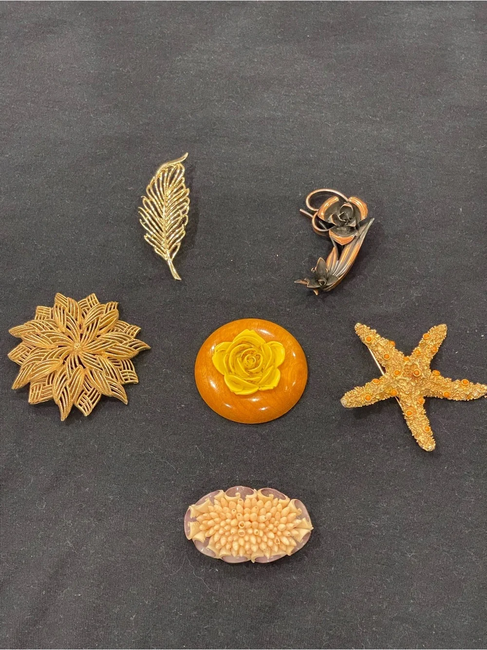 Vintage Brooch Lot Gold ,Wood, Flowers Set of 6